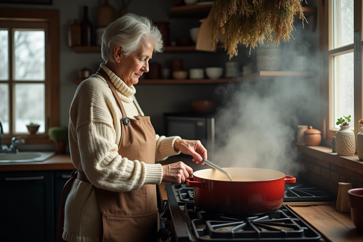 Femme préparant une potée dans une cocotte en fonte émaillée sur un fourneau dans une cuisine d'hiver chaleureuse et rustique