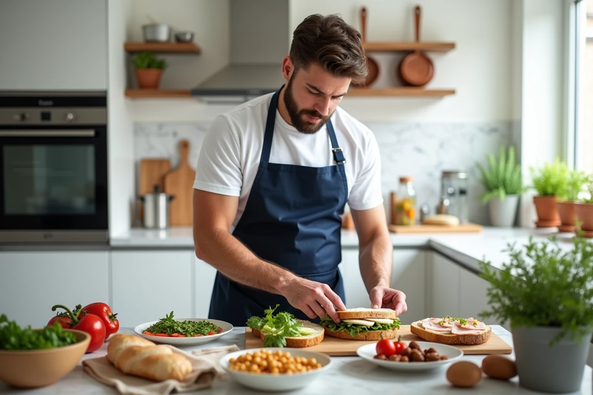 Homme préparant des sandwichs équilibrés et une salade en bocal pour un repas du midi sain sans micro-ondes dans une cuisine moderne