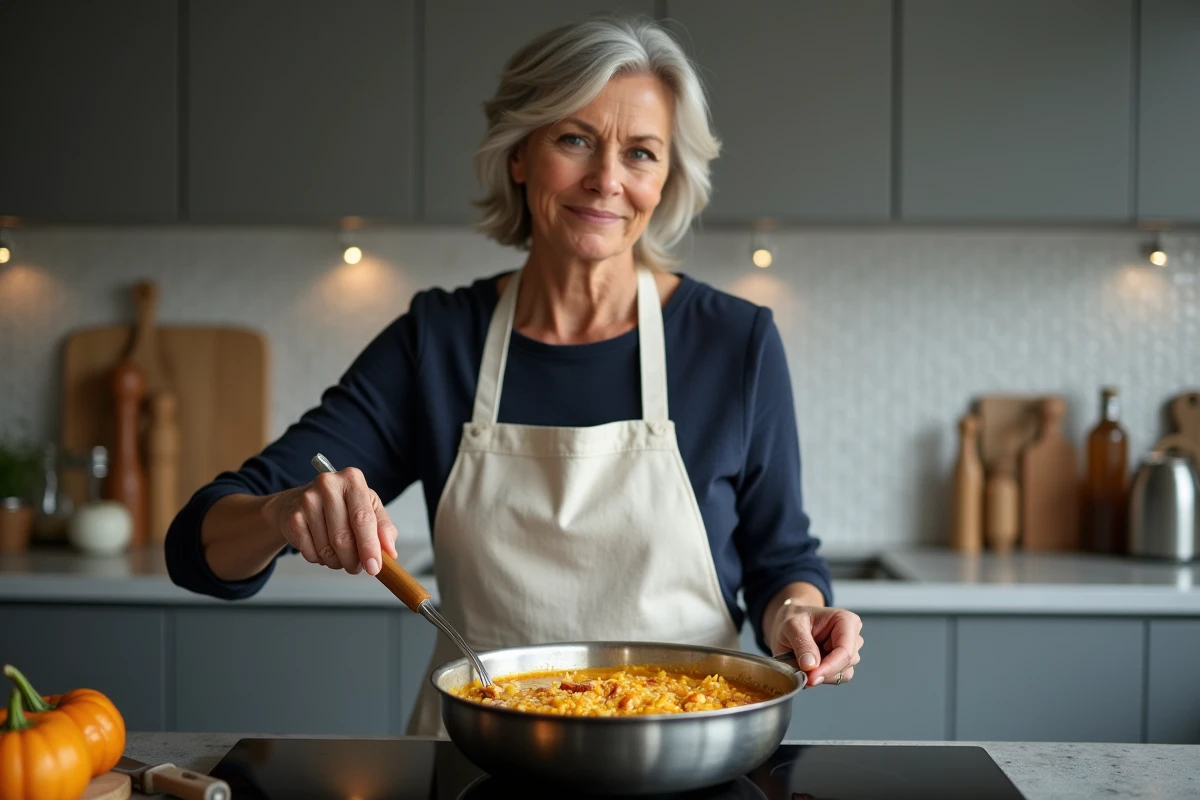 Femme en tablier de lin remuant un risotto crémeux à la courge bleu de Hongrie dans une poêle sur une plaque à induction dans une cuisine moderne