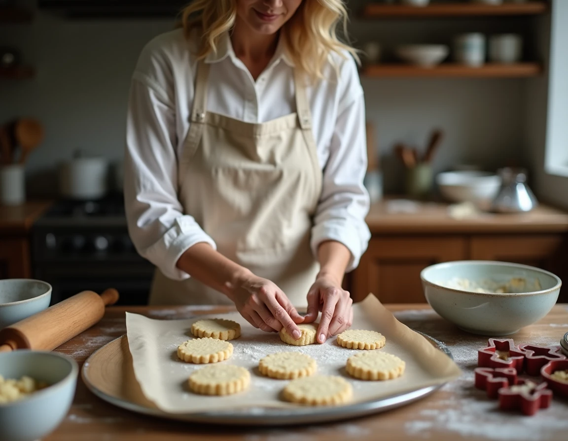 Femme en tablier de lin préparant des sablés amande sans gluten dans une cuisine de Noël chaleureuse, plaçant les biscuits sur une plaque de cuisson