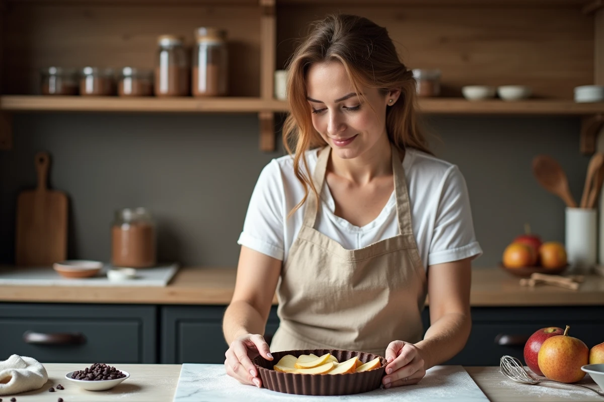 Femme préparant une tarte poire chocolat légère en cuisine avec tablier en lin et plan de travail en marbre
