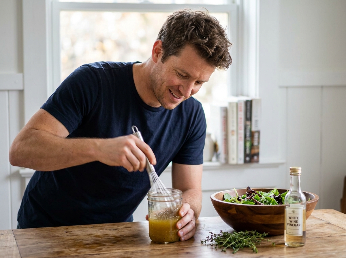 Homme préparant une vinaigrette maison avec du vinaigre de vin blanc dans une cuisine moderne