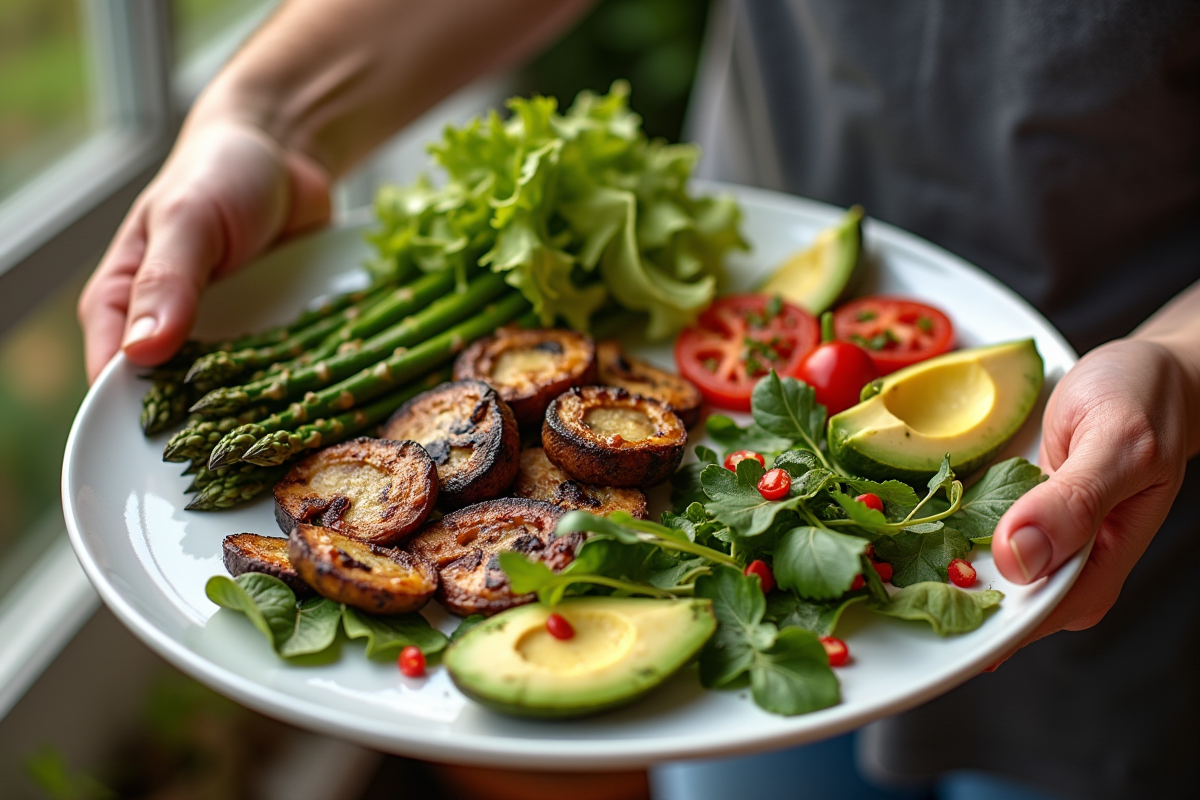 Mains dressant des plats végétariens sur une assiette blanche