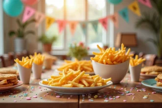Grande quantité de frites dorées servies dans un bol et des cornets individuels sur une table d'anniversaire décorée pour enfants
