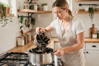 Femme versant des moules fraîches dans une grande casserole en cuisine, illustrant les quantités à prévoir par personne