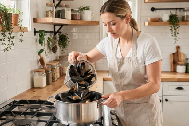 Femme versant des moules fraîches dans une grande casserole en cuisine, illustrant les quantités à prévoir par personne