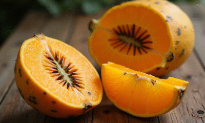 Fruit exotique quararibea cordata coupé sur une table en bois