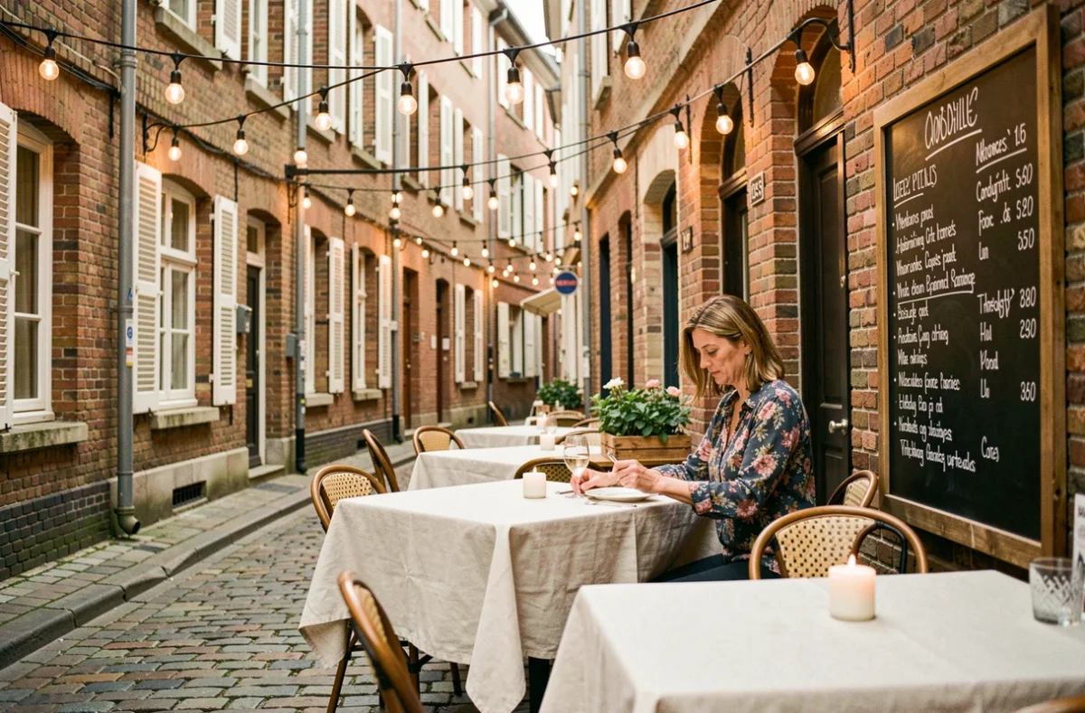 Terrasse de Quartier Libre dans le Vieux-Lille, tables en lin sous des guirlandes Edison dans une ruelle en pavés bordée de maisons flamandes