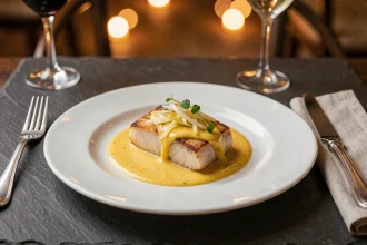 Queue de lotte dressée comme en restaurant gastronomique avec sauce beurre blanc au safran et microherbes sur assiette en porcelaine blanche