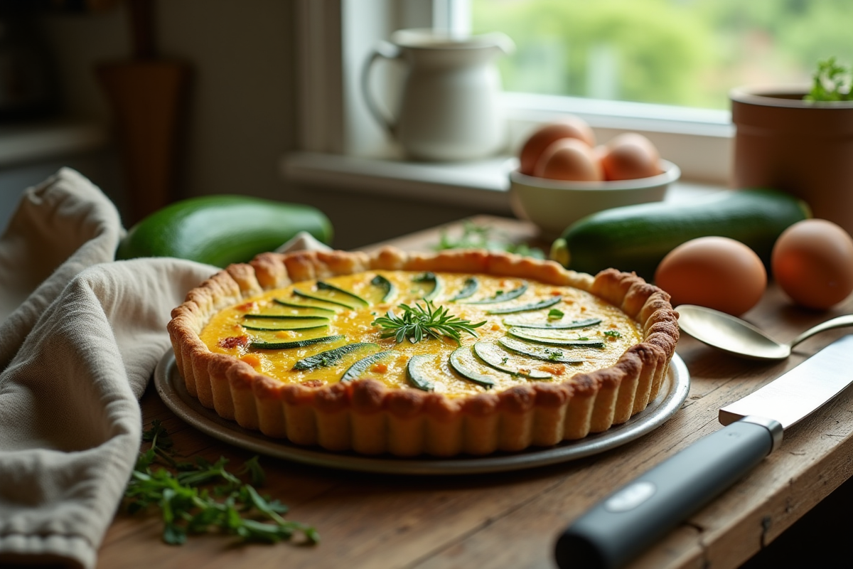 Quiche à la courgette fraîche sur une table en bois