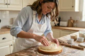 Femme préparant une recette d'Amandin maison en étalant une crème aux amandes sur un biscuit doré dans une cuisine artisanale
