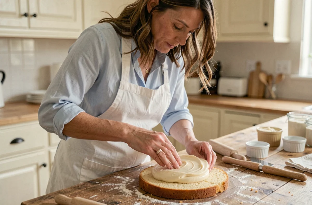 Femme préparant une recette d'Amandin maison en étalant une crème aux amandes sur un biscuit doré dans une cuisine artisanale
