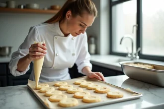Cheffe pâtissière pochant des biscuits cuillère sur une plaque de cuisson dans une patisserie française traditionnelle