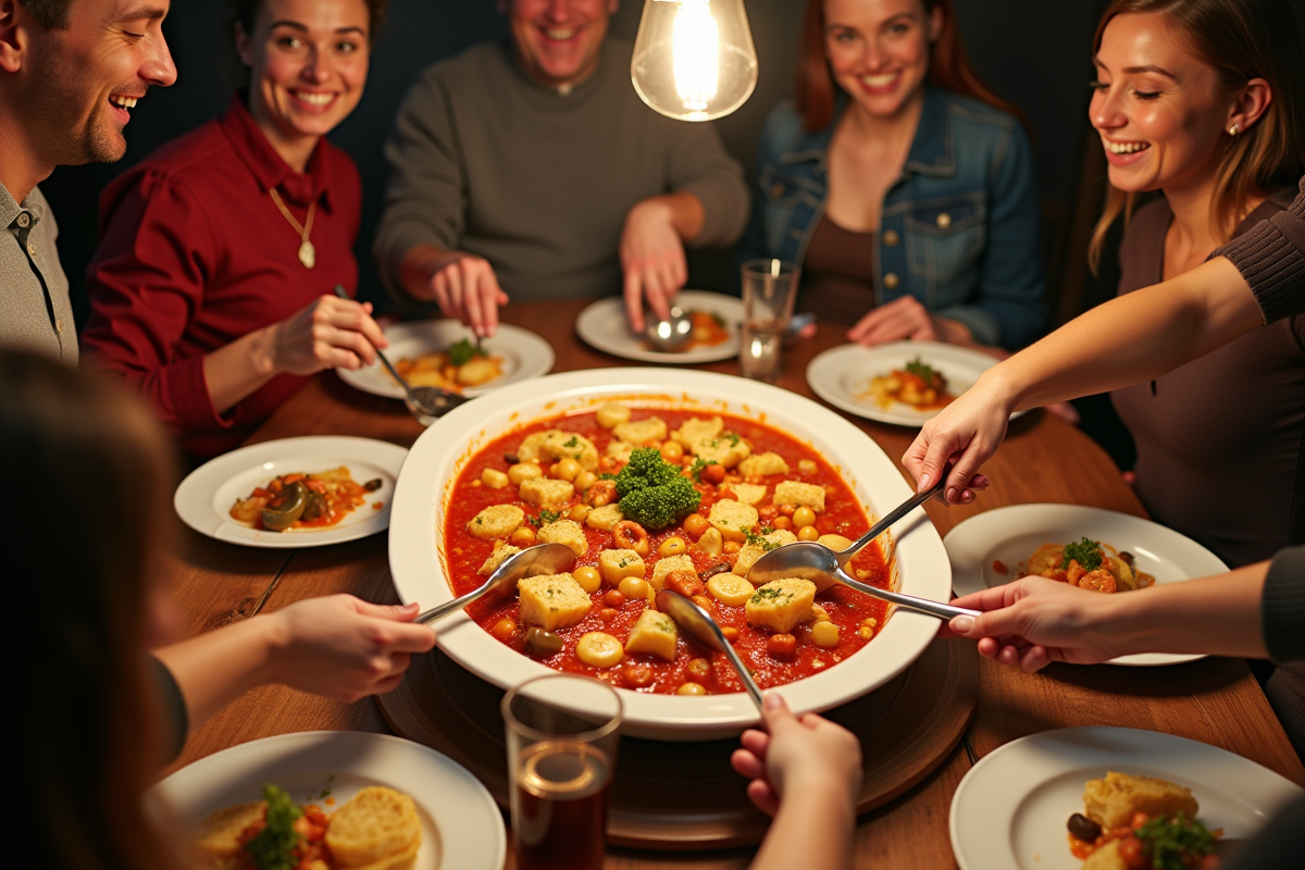 Repas convivial avec casserole de cod et chorizo en famille
