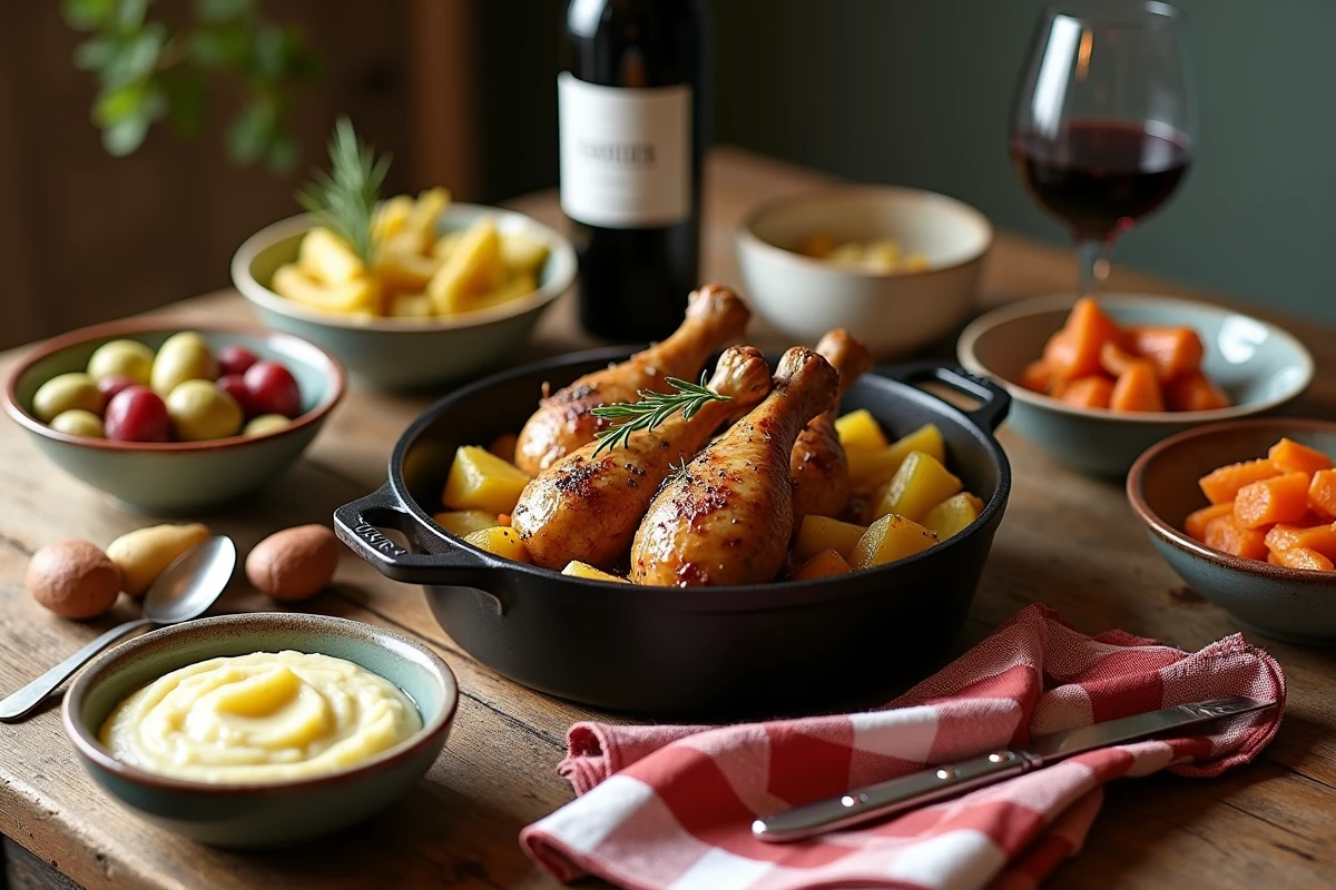 Repas dominical rustique avec confits de canard aux pommes de terre sarladaises et légumes rôtis sur une table de ferme française