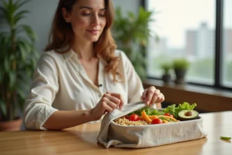 Femme préparant un repas équilibré sans micro-ondes au bureau avec une boîte bento remplie de légumes frais et quinoa