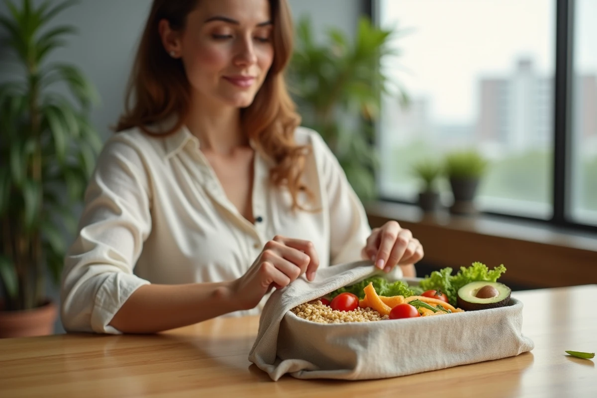 Femme préparant un repas équilibré sans micro-ondes au bureau avec une boîte bento remplie de légumes frais et quinoa