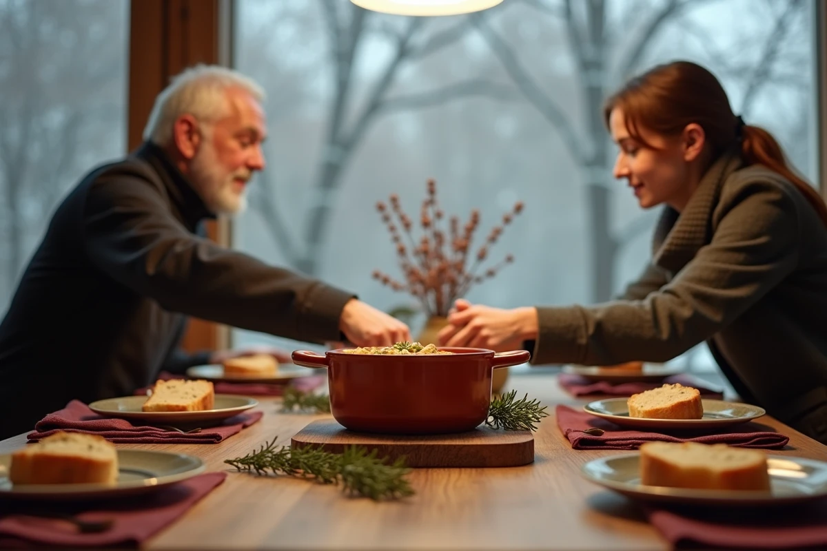 Table familiale d'hiver avec une grande terrine de potée au centre, pain rustique, assiettes en céramique et convives autour du repas