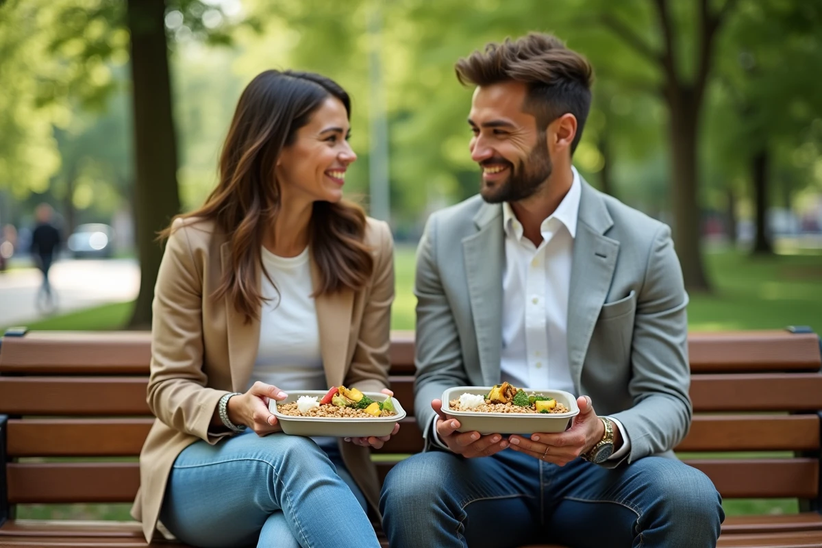 Deux collègues partageant un repas équilibré froid en plein air dans un parc pendant la pause déjeuner sans micro-ondes