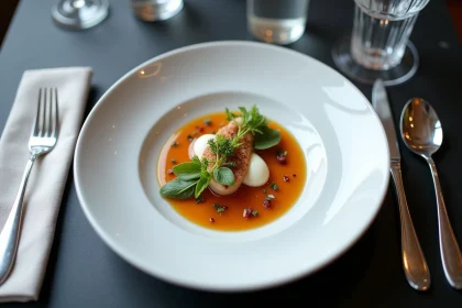Assiette gastronomique étoilée dans un restaurant de Lille avec présentation raffinée et herbes fraîches
