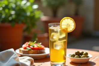 Verre de Ricard pastis avec des glaçons et citron accompagné d'olives marinées et bruschetta tomate basilic sur une terrasse provençale en été