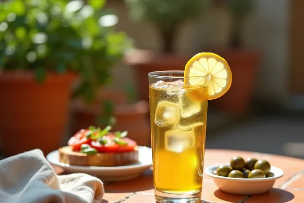 Verre de Ricard pastis avec des glaçons et citron accompagné d'olives marinées et bruschetta tomate basilic sur une terrasse provençale en été