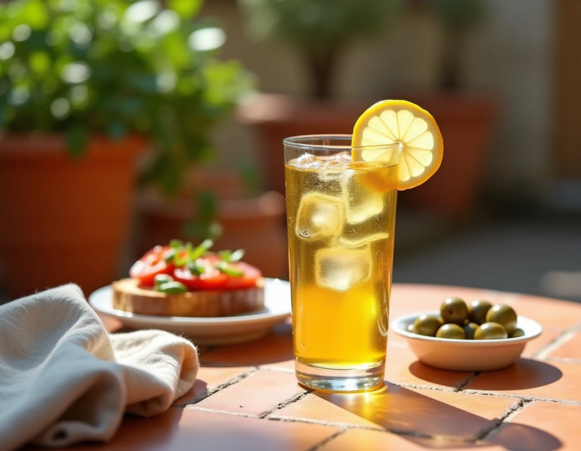 Verre de Ricard pastis avec des glaçons et citron accompagné d'olives marinées et bruschetta tomate basilic sur une terrasse provençale en été