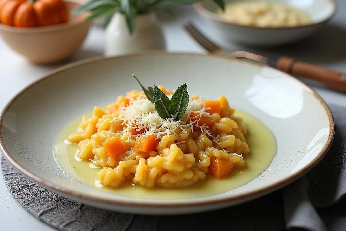 Bol de risotto crémeux à la courge bleu de Hongrie garni de sauge croustillante et de parmesan râpé sur une table en bois scandinave