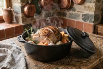 Rôti de porc doré en cocotte en fonte avec légumes et herbes aromatiques dans une cuisine rustique française