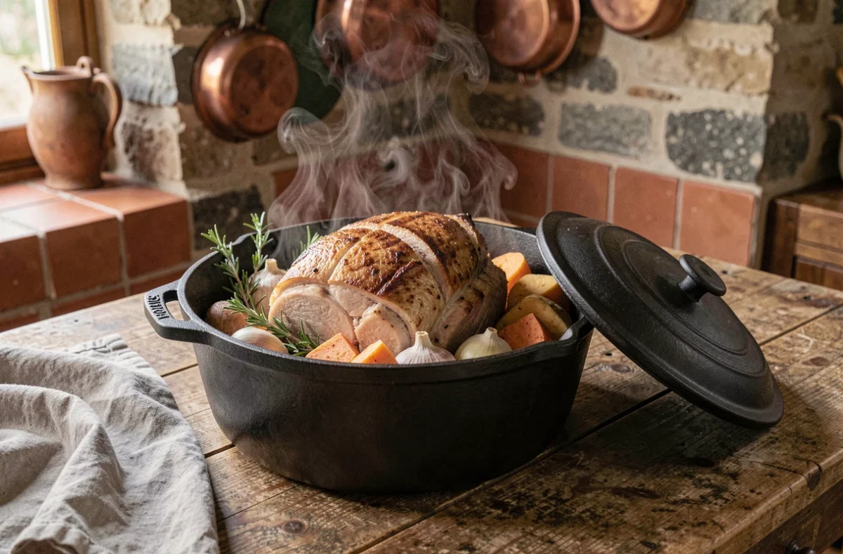 Rôti de porc doré en cocotte en fonte avec légumes et herbes aromatiques dans une cuisine rustique française