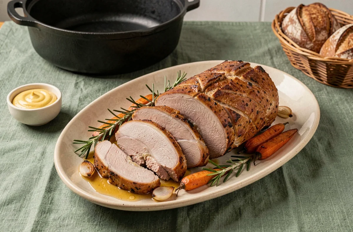 Rôti de porc tranché et juteux servi sur un plat en céramique avec légumes rôtis et herbes fraîches