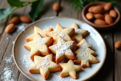 Sablés de Noël amande sans gluten en forme d'étoiles et sapins sur une assiette en céramique blanche, décorés de sucre glace, vue de dessus