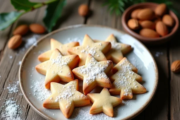 Sablés de Noël amande sans gluten en forme d'étoiles et sapins sur une assiette en céramique blanche, décorés de sucre glace, vue de dessus
