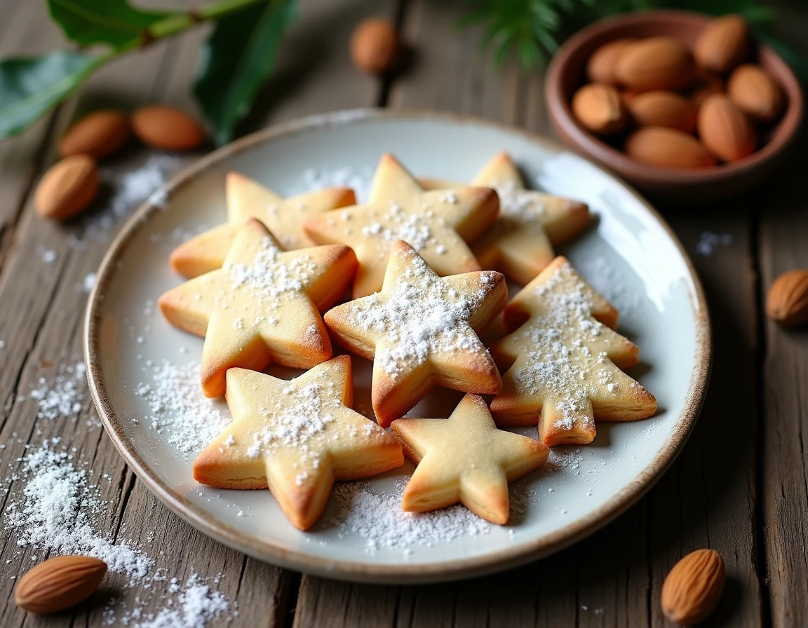 Sablés de Noël amande sans gluten en forme d'étoiles et sapins sur une assiette en céramique blanche, décorés de sucre glace, vue de dessus