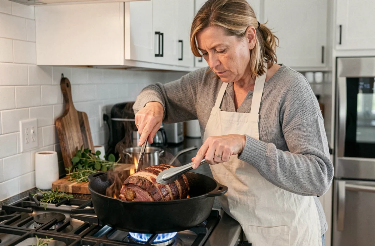 Femme faisant revenir un rôti de porc dans une cocotte en fonte sur une gazinière dans une cuisine moderne