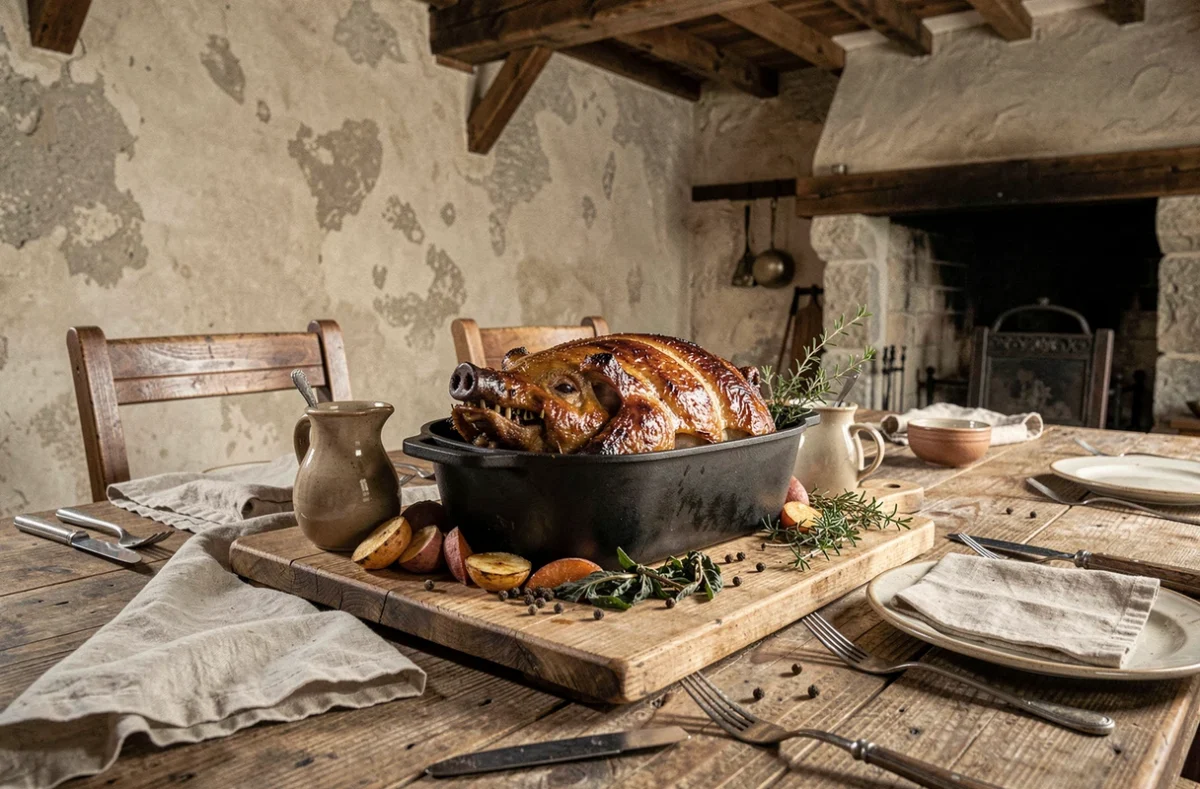 Sanglier rôti doré dans une cocotte en fonte sur une table de ferme française avec légumes rôtis et jus de cuisson réduit