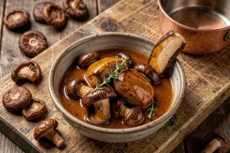 Sauce aux cèpes et foie gras servie dans un bol en céramique rustique avec thym frais sur planche en bois