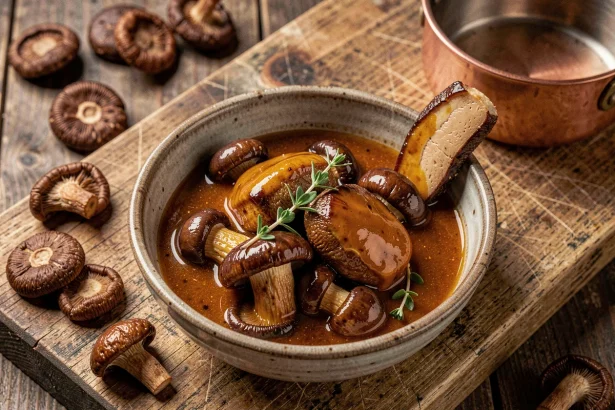 Sauce aux cèpes et foie gras servie dans un bol en céramique rustique avec thym frais sur planche en bois