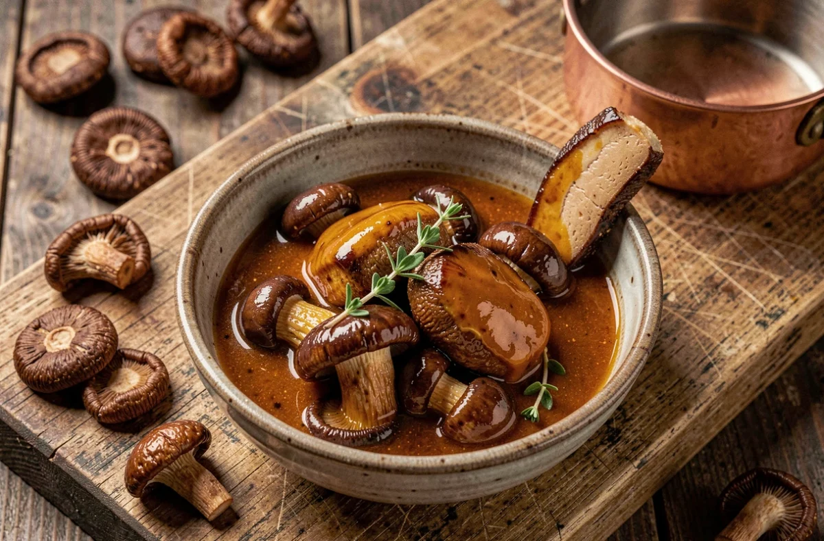 Sauce aux cèpes et foie gras servie dans un bol en céramique rustique avec thym frais sur planche en bois