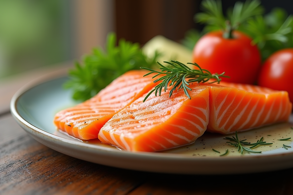 Saumon tranché avec légumes frais et aneth sur une table en bois