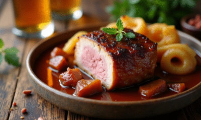 Sauté de joue de porc braisée à la bière sur une table en bois