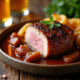 Sauté de joue de porc braisée à la bière sur une table en bois