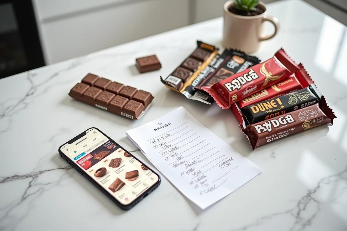 Vue de dessus d'une sélection de tablettes chocolat Dubaï à petit prix sur table en marbre avec liste de prix et smartphone