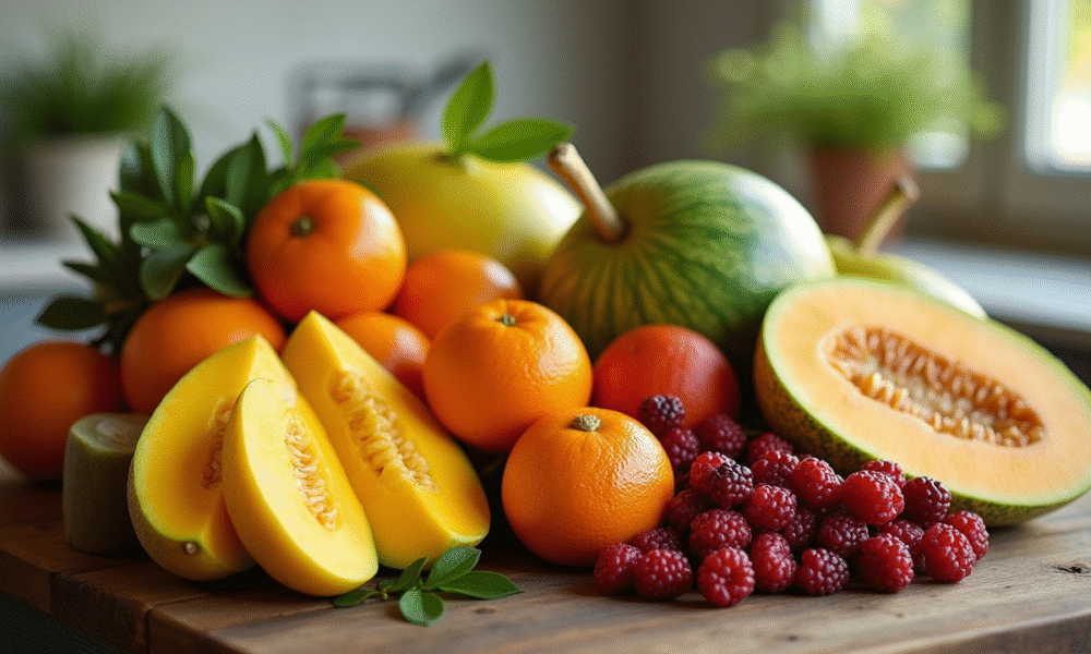 Assortiment de fruits frais commençant par M sur une table en bois