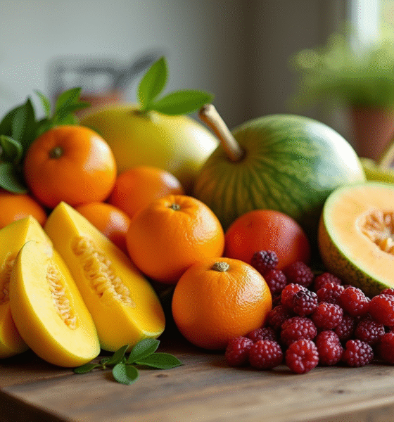 Assortiment de fruits frais commençant par M sur une table en bois