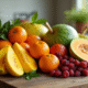 Assortiment de fruits frais commençant par M sur une table en bois