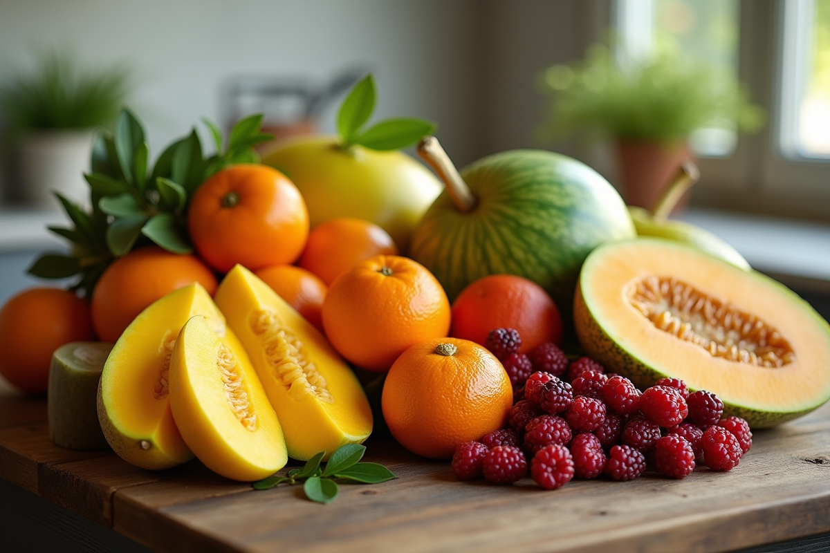 Assortiment de fruits frais commençant par M sur une table en bois