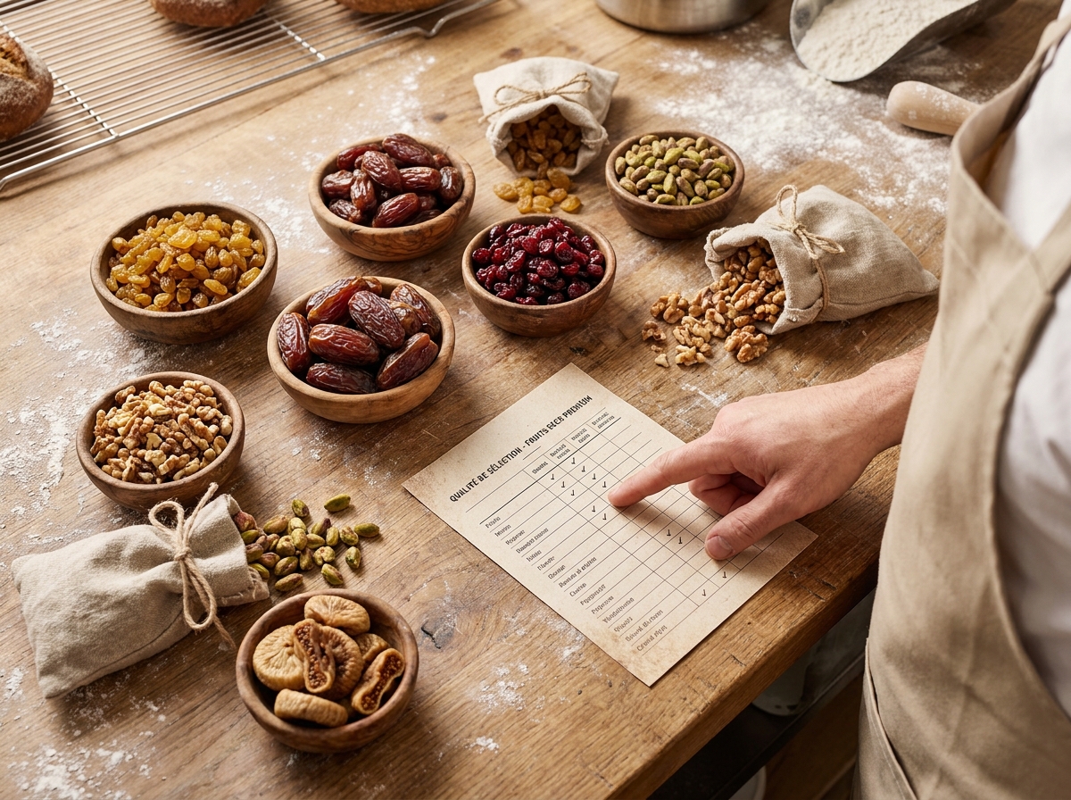 Vue du dessus d'une sélection de fruits secs de qualité artisanale sur un comptoir de boulangerie