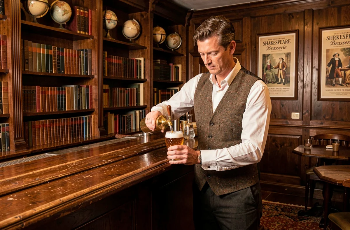 Barman en gilet de tweed tirant une bière à la pompe dans le décor de pub littéraire de la Shakespeare Brasserie