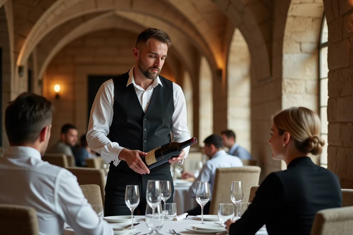 Sommelier présentant une bouteille de vin dans un restaurant gastronomique étoilé à Lille